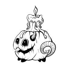 Illustration of cartoon Halloween pumpkin with horns and tail.