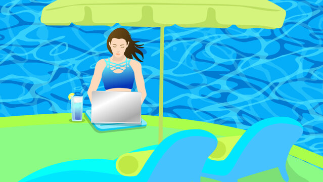 A beautiful woman uses a laptop in a blue swimsuit while drinking a teal summer drink in a swimming pool with a large yellow parasol and two blue chairs, realistic minimalist illustration vector