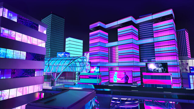 View on roof top futuristic metaverse smart city on night time which have digital screen advertising ,  blue and violet color tone ,3d rendering.