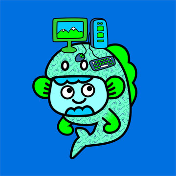 green alien monster with computer