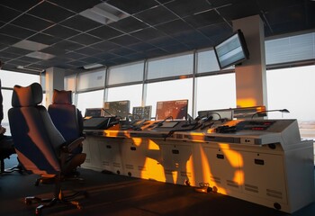 The workplace of the flight dispatcher in the airport. Flight control tower. Aviation background....
