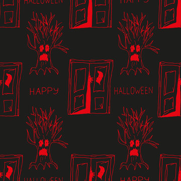 Scary old tree with eyes and mouth and open door with monster and inscription Happy Halloween. Pattern of girl from a horror movie. Horror halloween background. Halloween concept.