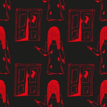 Scary girl in old nightie with long black hair and open door with monster hand and eyes in the dark. Pattern of girl from a horror movie. Horror halloween background. Halloween concept.