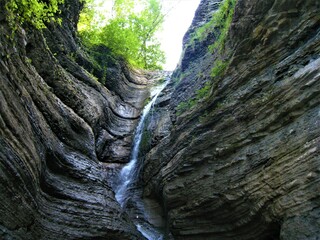 A small waterfall in the mountains. Summer in the forest.