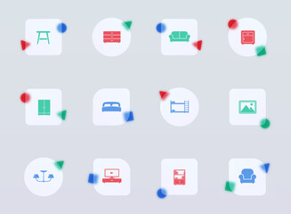 furniture glass morphism trendy style icons. furniture transparent glass color vector icon with color figures. for web and ui design, mobile apps and promo business advertising