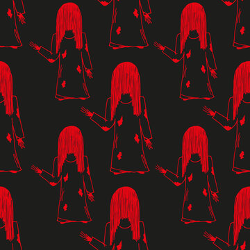 A drawing of a scary girl in old nightie with long black hair. Pattern of girl from a horror movie. Beautiful and horror halloween background. Halloween concept.