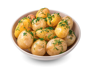 Boiled new potatoes with fresh dill and butter are isolated on a white background. Side view