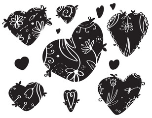 Vector doodles set - black boho hearts on white. Floral design.