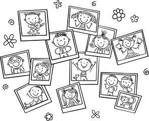 A pile of happy doodle kids photos, outline vector cartoon illustration
