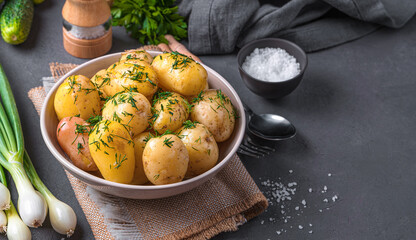 Boiled young unpeeled potatoes with dill and butter on a dark background with dill and spices. Side view, horizontal