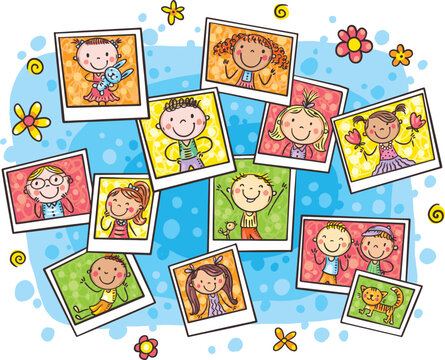 A pile of happy doodle kids photos, vector cartoon illustration