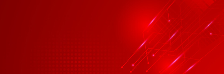 Red technology digital banner design. Science, medical and digital technology header. Geometric abstract background with tech design. Molecular structure and communication vector illustration.