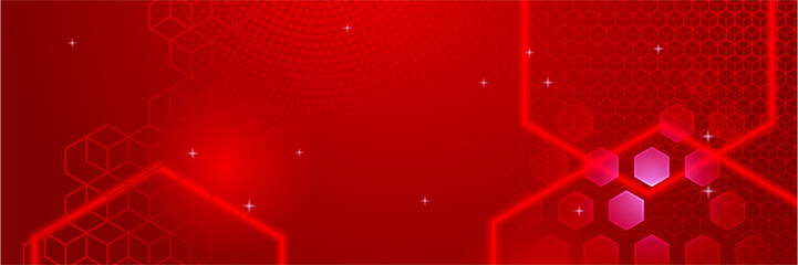 Red technology digital banner design. Science, medical and digital technology header. Geometric abstract background with tech design. Molecular structure and communication vector illustration.