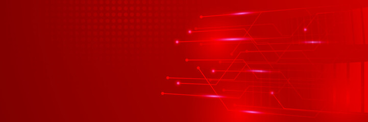 Red technology digital banner design. Science, medical and digital technology header. Geometric abstract background with tech design. Molecular structure and communication vector illustration.