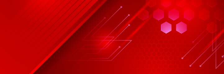 Red technology digital banner design. Science, medical and digital technology header. Geometric abstract background with tech design. Molecular structure and communication vector illustration.