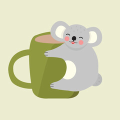 The logo illustration of funny koala with cup of coffee. Food logotype, template, cute animal sleep and smile, hugging coffee with love. Cartoon style lazy animal with coffee.