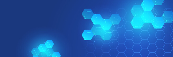 Fototapeta premium Website header or banner design with technology pattern. Geometric abstract background with simple tech elements. Medical, technology or science design. Blue technology digital banner design