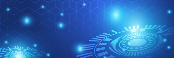 Obraz premium Website header or banner design with technology pattern. Geometric abstract background with simple tech elements. Medical, technology or science design. Blue technology digital banner design