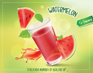 Vector Illustration of Watermelon Juice and watermelon fruit slices with mint leaves 