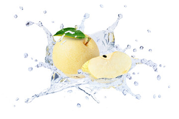 Chinese century pear with green leaf in water splash isolated on white background.