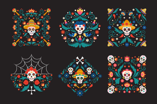 Mexican death day. Skeleton dead flowers, celebration halloween skull, Latin dia muertos decorations, Hispanic traditional decor, traditional ornament, square and circle cards. Vector set