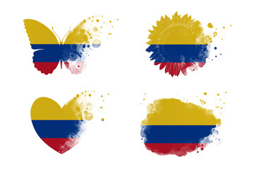 Sublimation backgrounds different forms on white background. Artistic shapes set in colors of national flag. Colombia