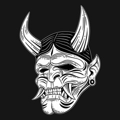 Dark Art Japanese Devil Oni Mask Tattoo Hand Drawn Engraving Style
