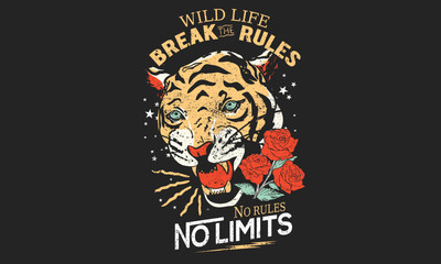 Tiger face vintage vector t shirt print deign. Breck the rules artwork for apparel and others.