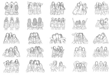 Fototapeta premium Set Mega Bundle Happy Women and Girl Best Friends Group Line Art