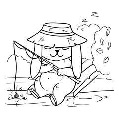 The rabbit is fishing. Cute bunny fell asleep while fishing. Coloring book for children. Vector illustration isolated on white background.