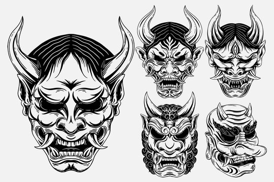 Set Bundle Dark Art Japanese Devil Oni Mask Tattoo Hand Drawn Engraving Style