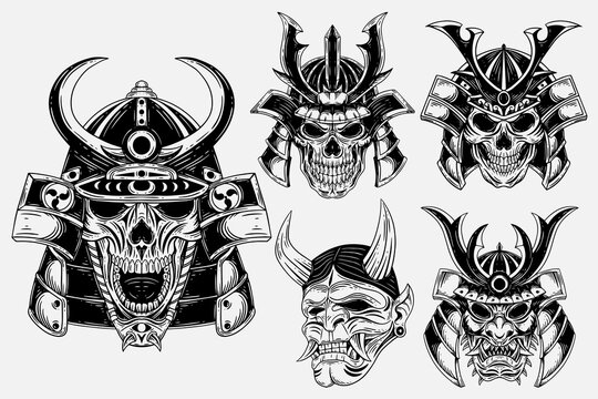 Set Bundle Dark Art Japanese Death Warrior Skull Tattoo Hand Drawn Engraving Style