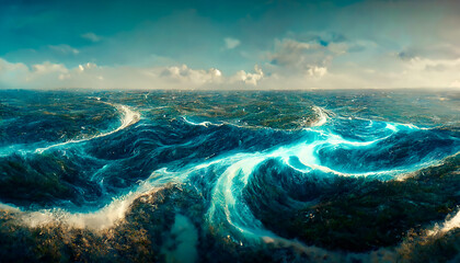 Fototapeta na wymiar Fantasy seascape with beautiful waves and foam. Foam on the waves of water. Top view of the ocean waves. Dove water background. 3D illustration.