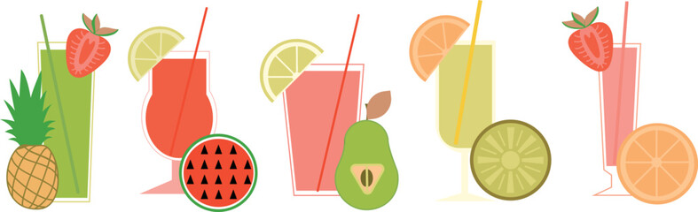 Set of cocktails and lemonades color flat icons for web and mobile design. Outline colorful illustration isolated on white background