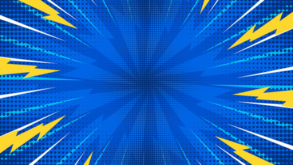 Pop art comic background lightning blast halftone dots. Cartoon Vector Illustration on blue © Bakemon