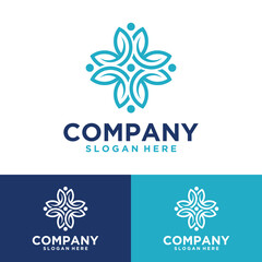 Vector set of template logo designs and emblems in trendy linear style in blue color on floral and natural cosmetic concept background and alternative medicine symbol