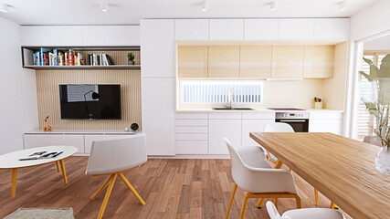 3D render of Modern Kitchen, Livingroom and Dinning room in Japandi style