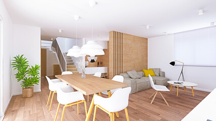 3D render of Modern Kitchen, Livingroom and Dinning room in Japandi style
