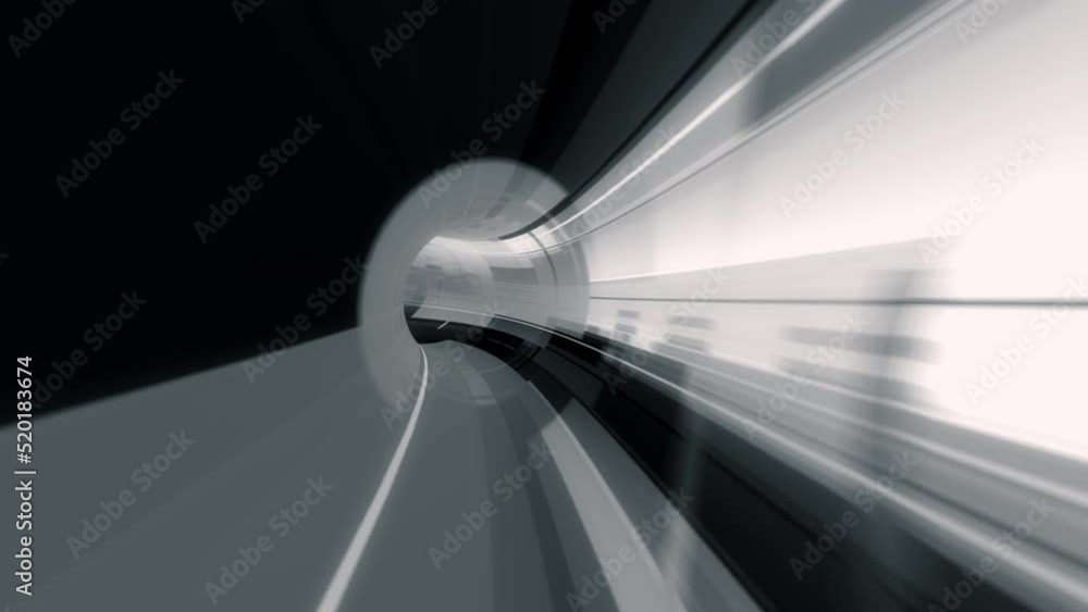 Poster abstract loop black and white flying lines motion and illuminated light effect in tunnel hyperspeed.