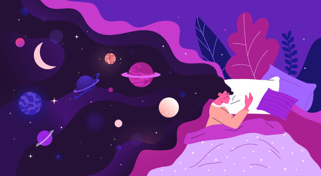 Abstract deep dream. Woman sleeps. Person in night cloud. Art space. Happy emotion. Magic scene. Hair with galaxy planets. Flat design elements. Girl lying on bed. Vector nighttime rest