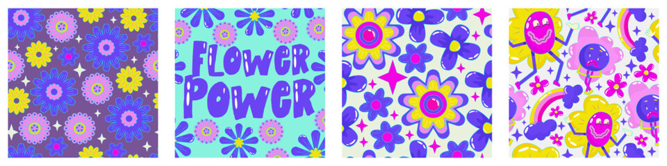 Daisy flower power poster set for print design. Abstract trippy psychedelic pattern. Flower power. Funny vector illustration. Retro 1990 poster for tshirt design