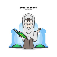 Cute cartoon character of muslim girl is reading the holy quran