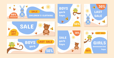 Cute baby product sale. Children ad for post, website or store. Fashion promotion banners set. Purchase for toddlers. Care of newborn child. Buying clothing. Vector design background