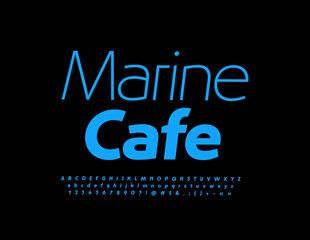 Vector stylish Emblem Marine Cafe. Modern Blue Font. Creative Alphabet Letters and Numbers set