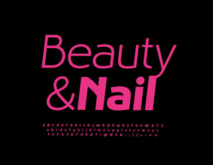 Vector creative sign Beauty and Nail. Elegant Pink Font. Artistic Alphabet Letters and Numbers set