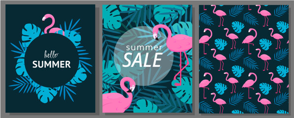Flamingo and hibiscus poster set. Pink pattern with hawaii flower, tropical birthday palm circle frame, summer beach party invitation and greeting. Sale and Discount vector banner design
