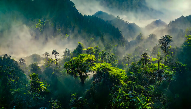 Exotic foggy forest. Jungle panorama, forest oasis. Foggy dark forest. Natural forest landscape. 3D illustration.