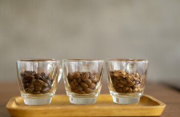 coffee beans ,Light Roast,Medium Roast, Dark Roast, arranged in a gradient