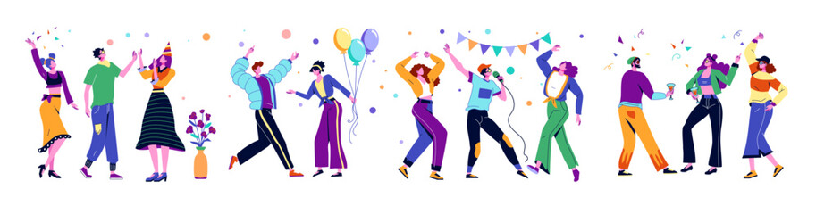 People dance party. Friend birthday, group of person characters, hipster human and simple woman, happy singer man. Bright decor balloons and ribbons, horizontal banner. Vector cartoon flat set