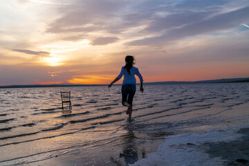 sunset on Salt Lake, Konya Turkey. Sunset with beautiful colorful sky and clouds